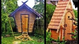Дачный туалет, построенный в виде причудливой деревянной избушки
